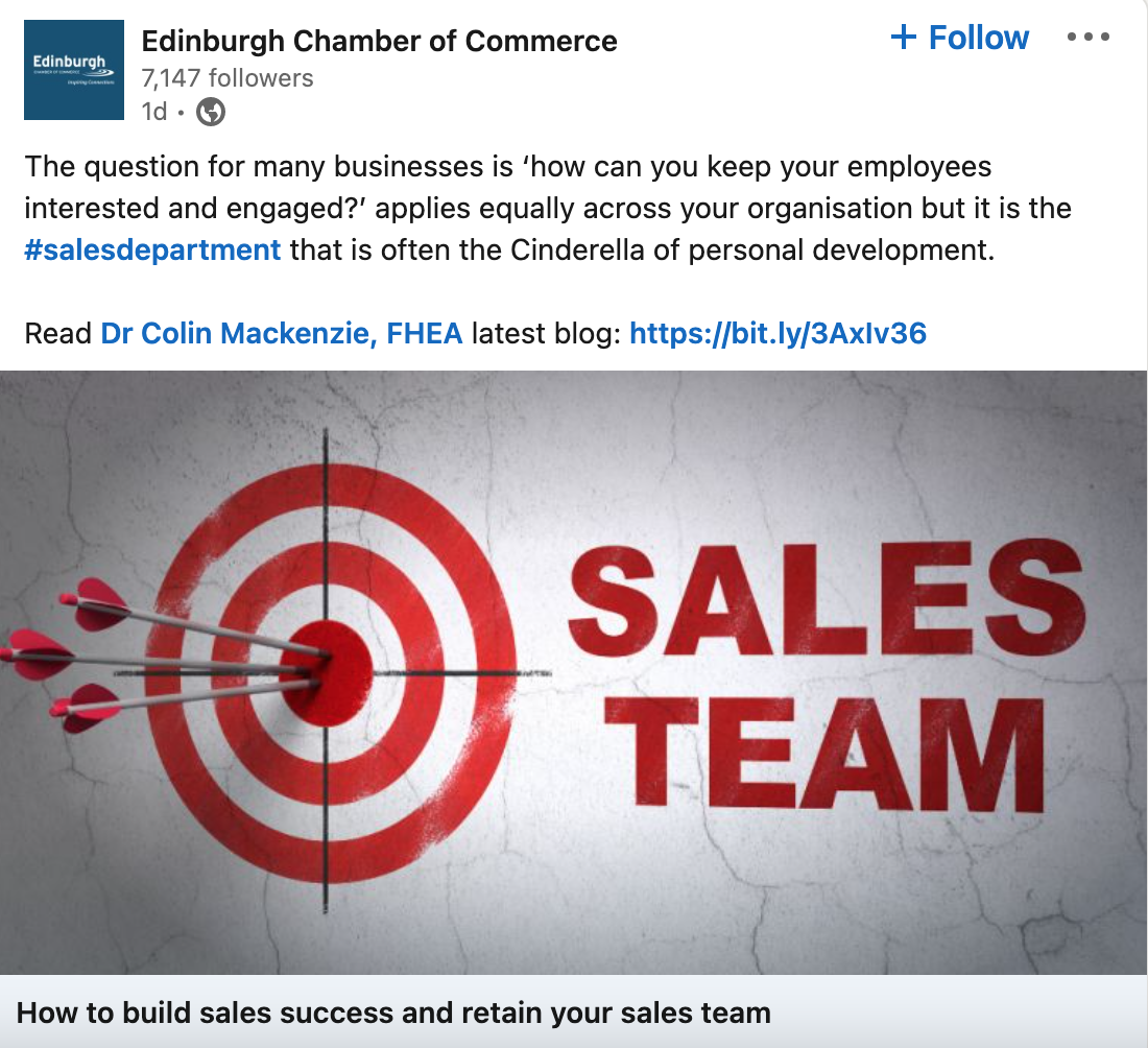 Dr Colin Mackenzie invited to write for Edinburgh Chamber of Commerce on CPD for sales Professionals