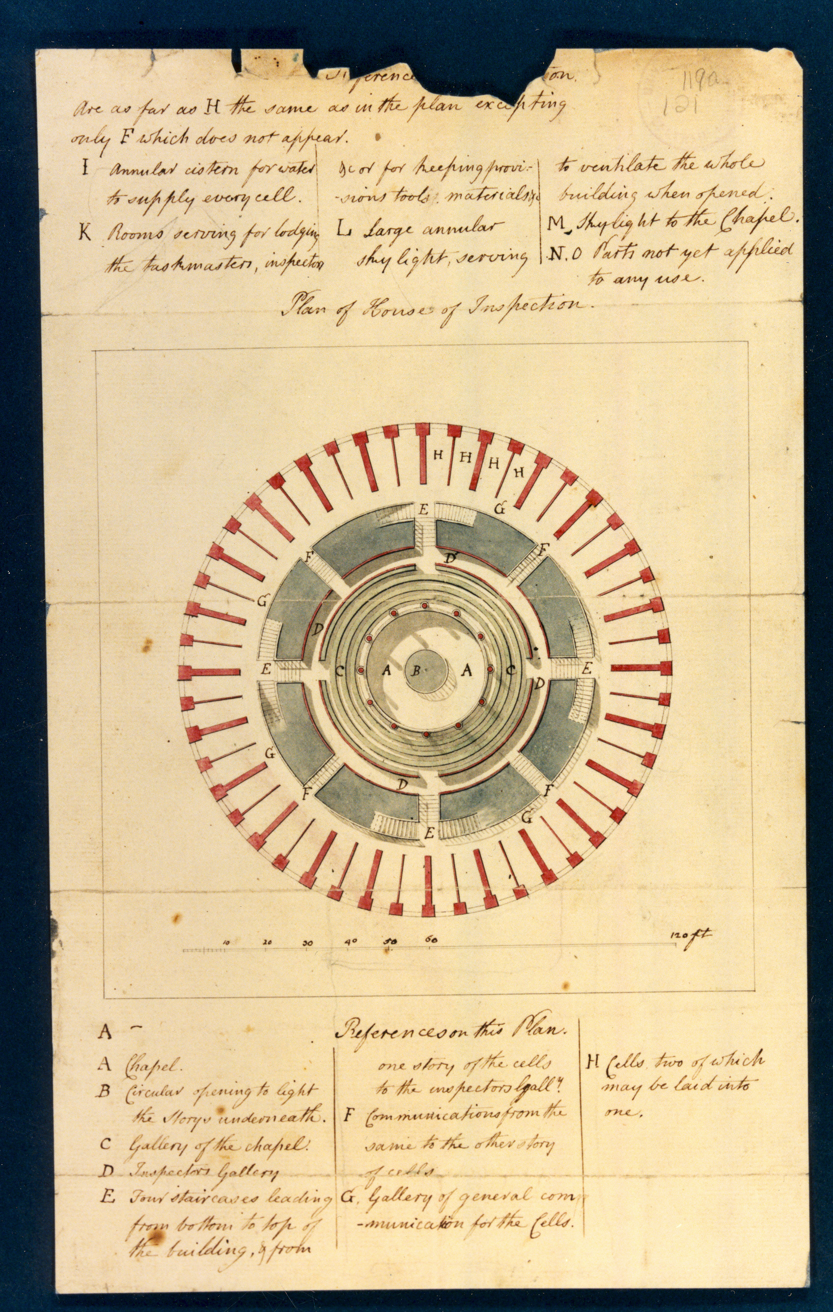 Figure 3 Colour drawing by W. Reveley, after Bentham's design, c. 1791 (UC 119 121). From the Bentham Papers, UCL Library Services, Special Collections, reproduced with permission.